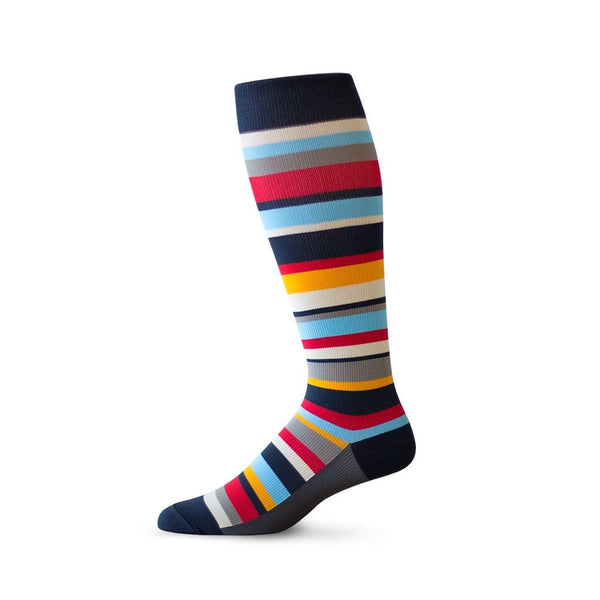 Random stripe pattern compression socks in navy, red and blue