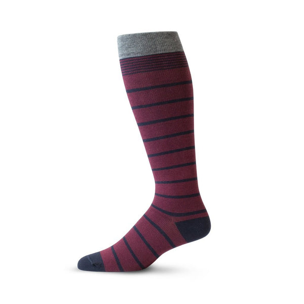 Burgundy cotton pressure compression socks with navy pin stripe and grey band