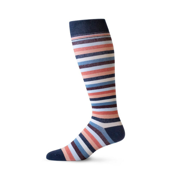 Thin stripe patterned pregnancy compression socks in shades of coral, navy and cream