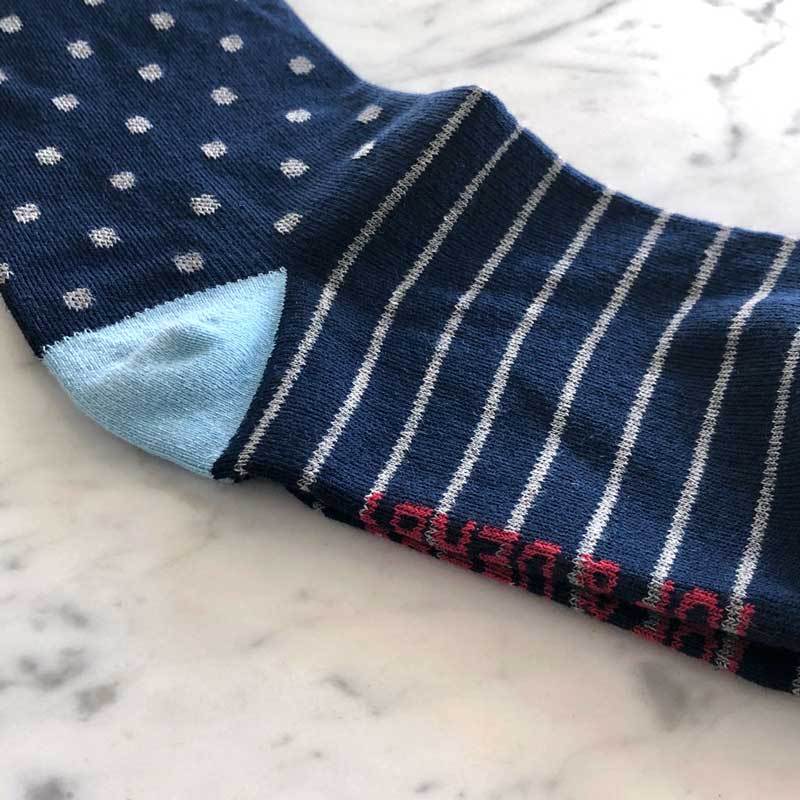 Close detail of compression socks in navy, grey and red