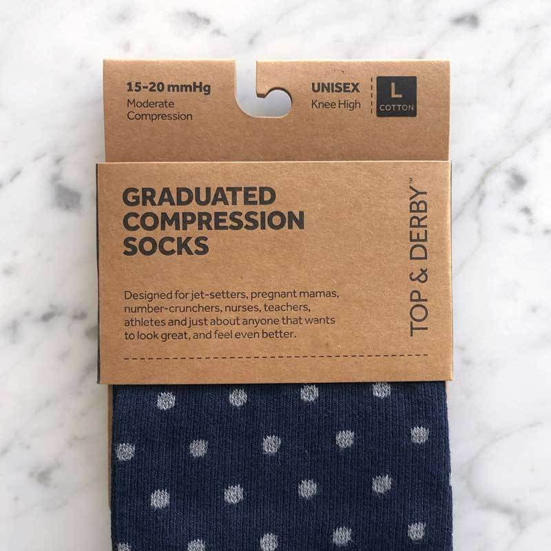 Detail of compression stocking packaging with navy, grey and red socks