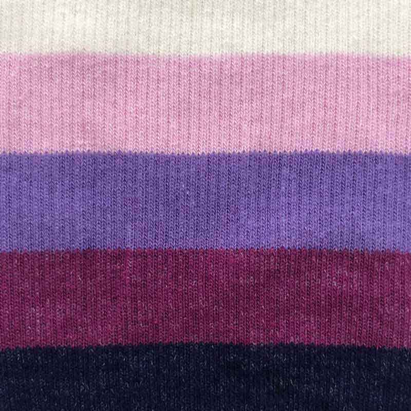 Close detail of purple, pink striped pressure socks knit in cotton
