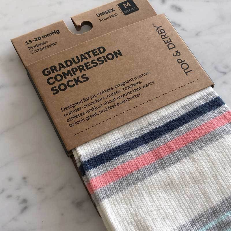 Stripe pattern anti embolism stockings in heather grey, navy and coral in packaging