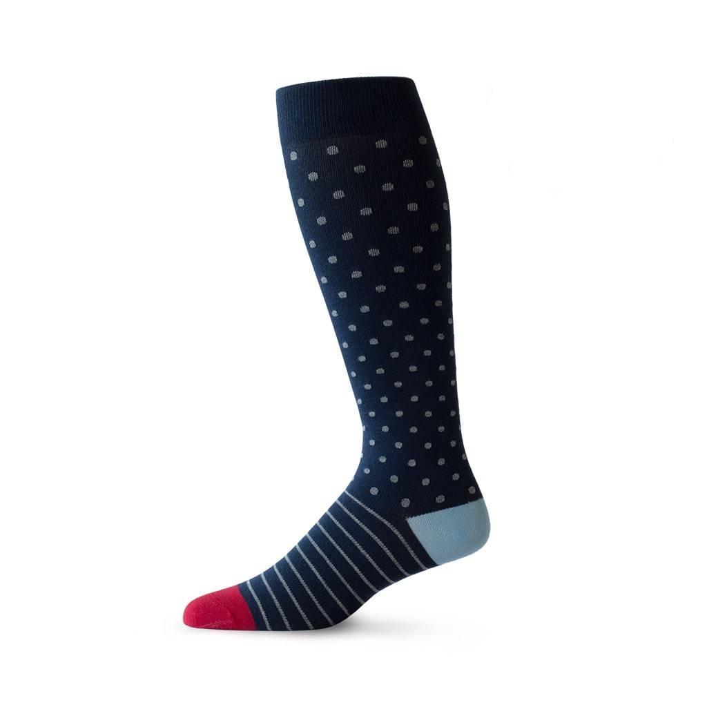 Dot Stripe patterned cotton pressure socks in navy, grey and red