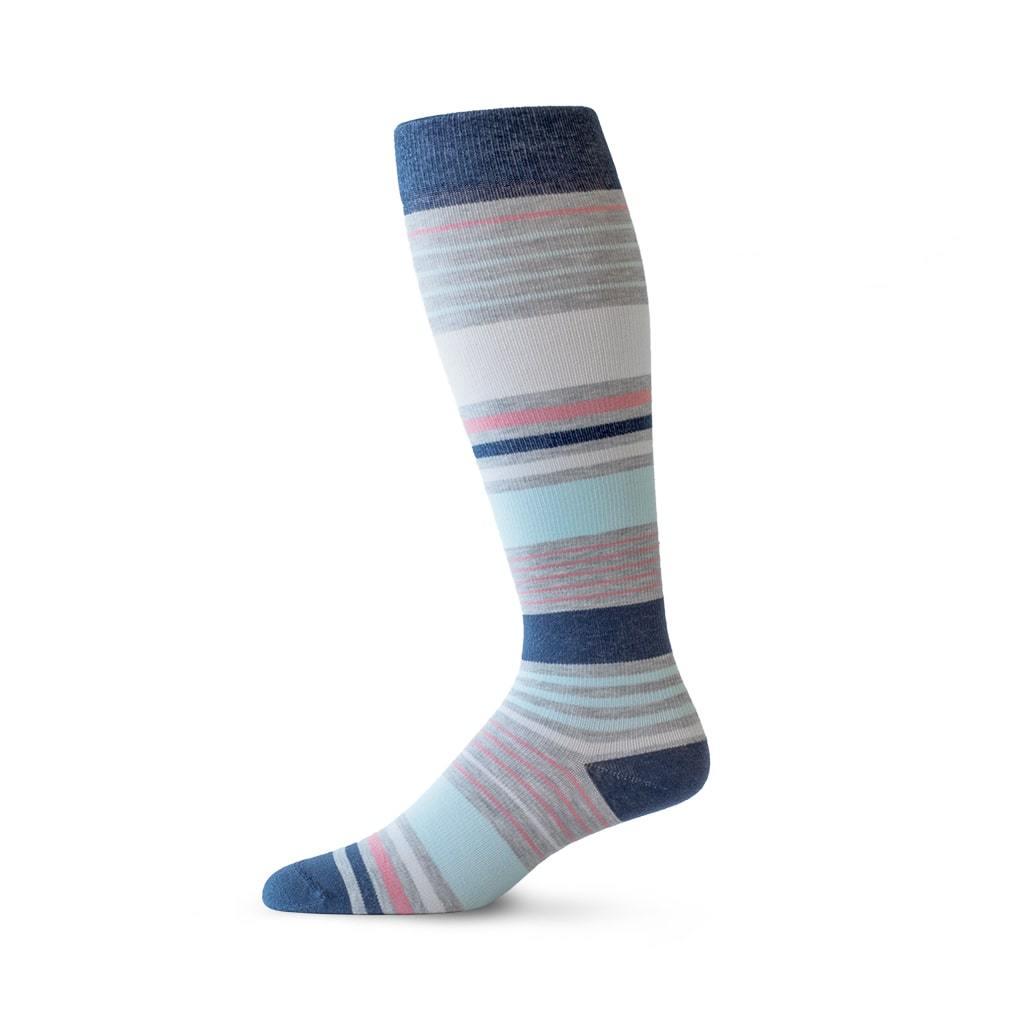 Mixed Stripe pattern compression socks in heather grey, navy and coral
