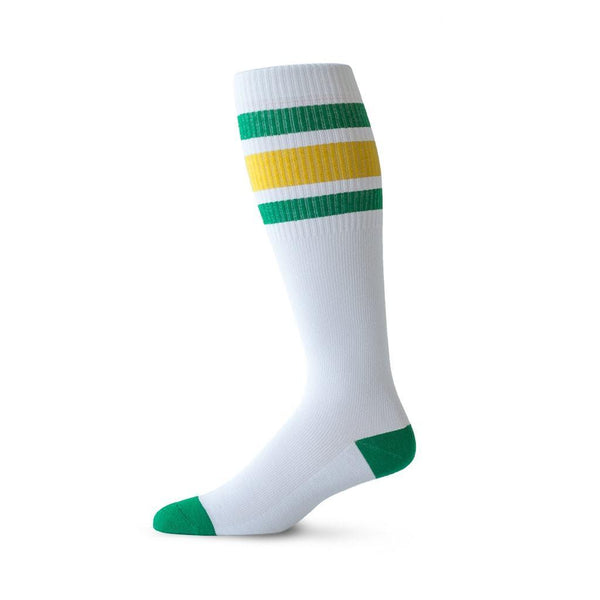 Vintage style sport stripe pattern compression socks in white, green and yellow
